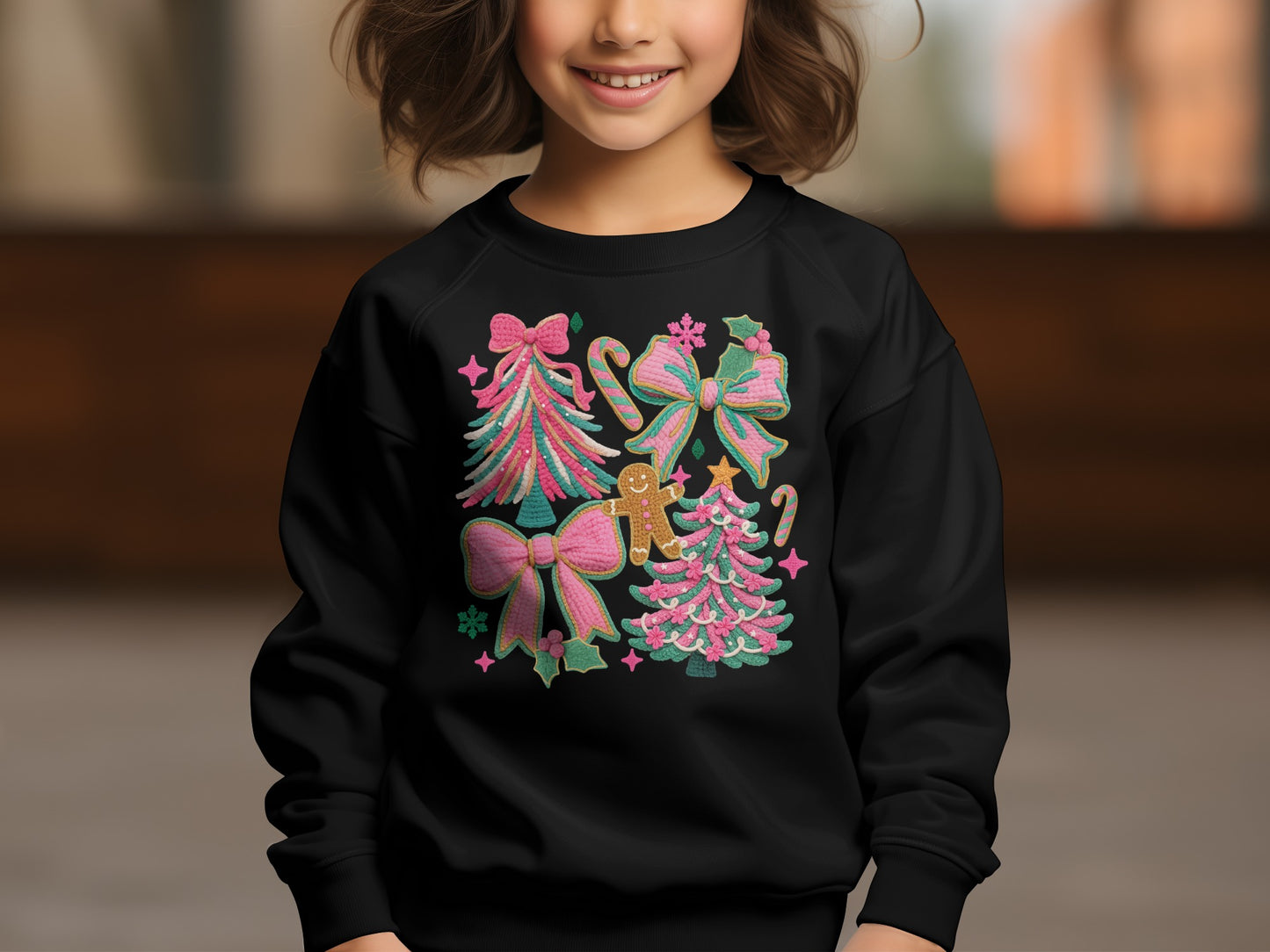 Colorful Holiday Bows and Trees Kids Sweatshirt