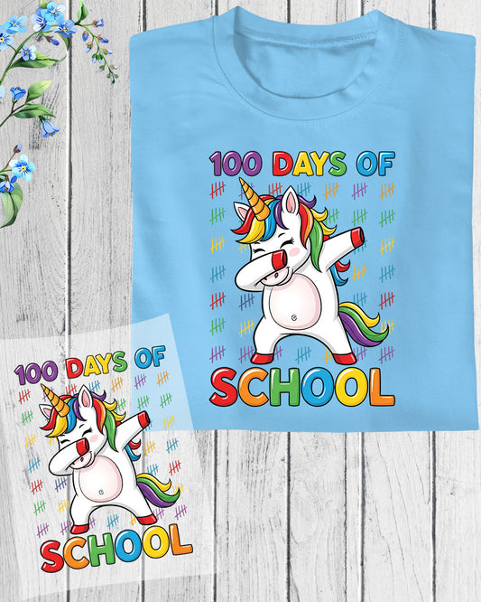 100 Days of School Unicorn Dabbing DTF Transfer, Ready to Press Heat Transfer for Shirts, Fun 100 Days of School Kids Design, UV Sticker