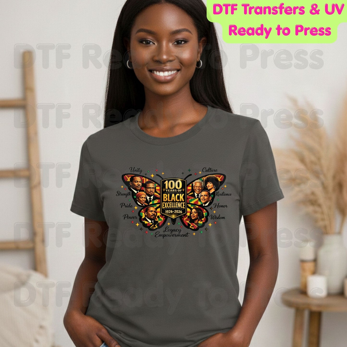 100 Years of Black Excellence DTF Transfer Ready to Press Butterfly Unity Heritage Leaders Heat Transfer for Shirts Black History UV Sticker
