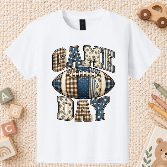 Game Day Football T-Shirt, Blue Plaid Patchwork Tee for Toddler and Kids