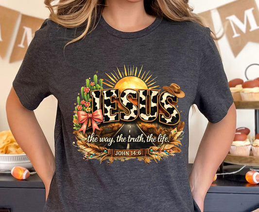 Jesus John 14:6 T Shirt Western Cow Print Tee Christian Way Truth Life Shirt Religious Gift Adult Youth Toddler Baby Boho Cowboy Apparel