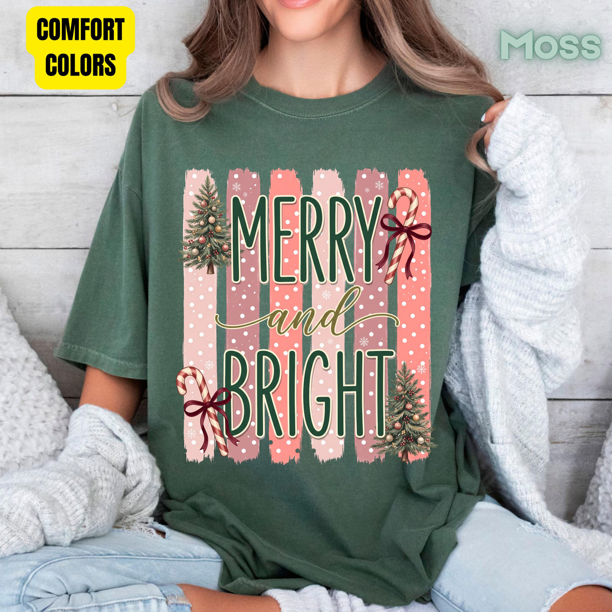 Merry and Bright Comfort Colors T Shirts Cute Christmas Tree Tees Pink Candy Cane Shirt Festive Holiday Winter Graphic Hoodie