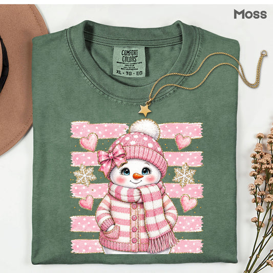Cute Pink Snowgirl Winter T-Shirt, Snowman Beanie Bow Pink Stripes Hearts Tee