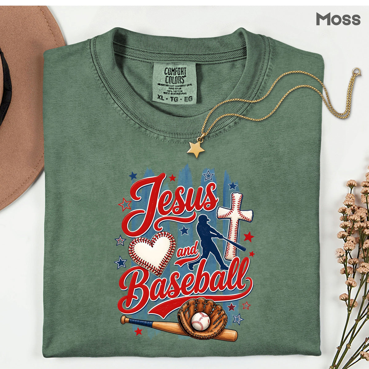 Jesus and Baseball Comfort Colors T Shirts Cute Christian Sports Tee Baseball Cross Glove Shirt Patriotic Stars Red White Blue Faith Graphic Hoodie