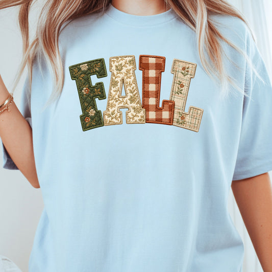 Fall Patchwork Chenille Letters T-Shirt, Quilted Plaid Autumn Thanksgiving Comfort Color Tee