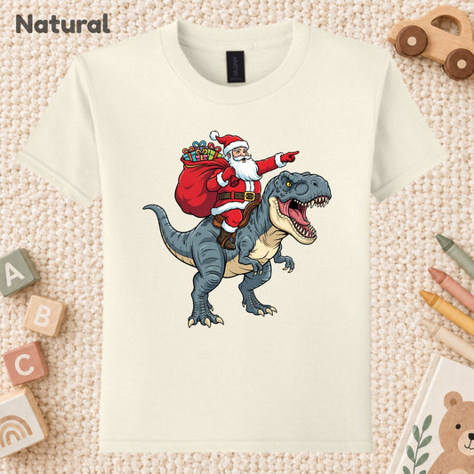 Santa Riding T-Rex Christmas T-Shirt, Funny Dinosaur Xmas Graphic Kids Tee