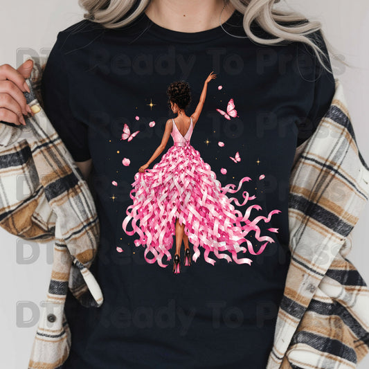 Black Woman Pink Ribbon Dress Breast Cancer Awareness DTF Transfer Ready to Press Heat Transfer Survivor Tee