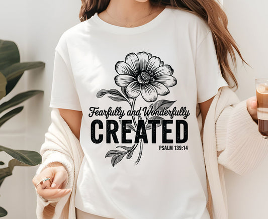 Fearfully Wonderfully Created T Shirt Psalm 139:14 Christian Floral Tee Faith Shirt Adult Youth Toddler Baby Religious Gift Bible Verse Tee