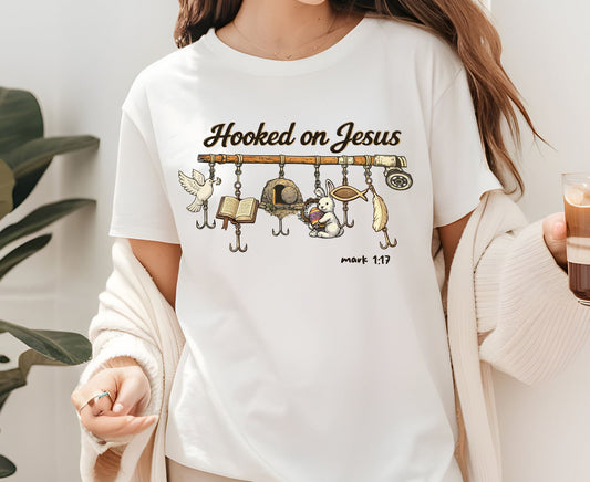 Hooked On Jesus T Shirt Mark 1:17 Christian Fishing Tee Easter Faith Shirt Adult Youth Toddler Baby Religious Gift Fishers Of Men Tee Shirt