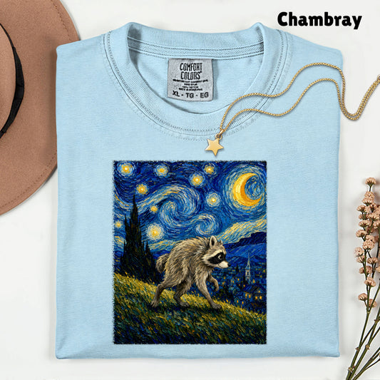 Starry Night Raccoon T-Shirt, Van Gogh Style Oil Painting Funny Wildlife Art Tee