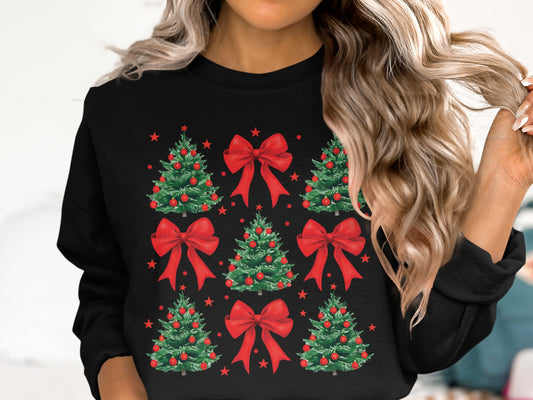 Festive Christmas Tree Sweatshirt with Red Bows
