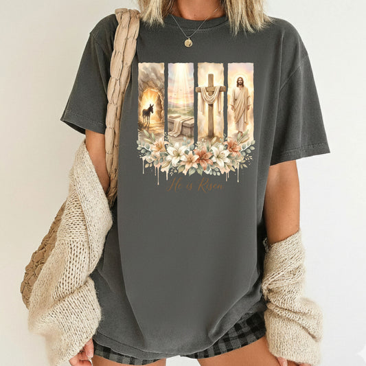 Christian Easter Floral Comfort Colors T Shirt He is Risen Bible Verse Tees Jesus Faith Apparel Tank Top Religious Long Sleeve Gifts
