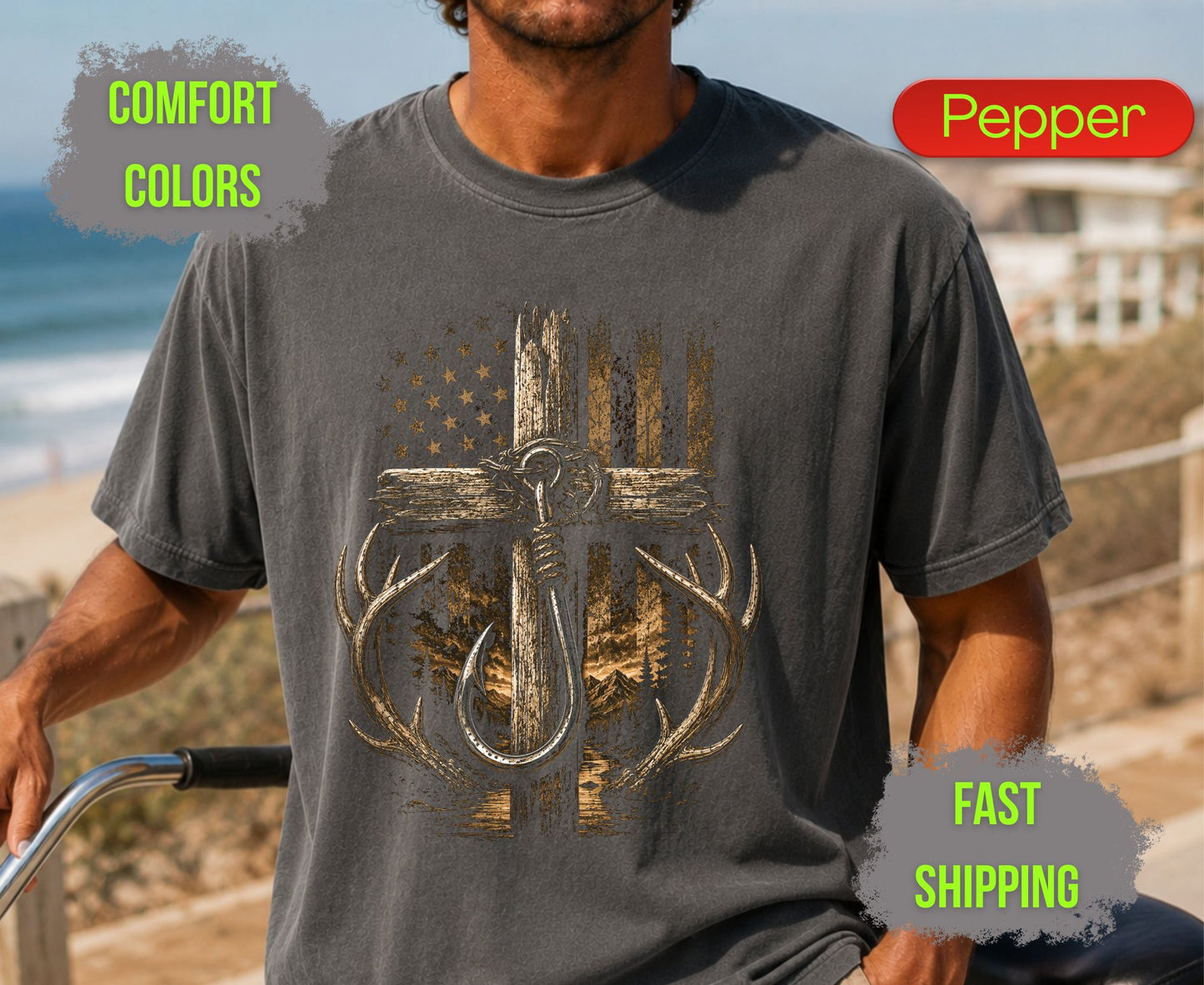 Christian Hunting Fishing Comfort Colors T Shirts Deer Antler Tee Patriotic Fish Hook Cross Distressed American Flag Outdoorsman Gifts