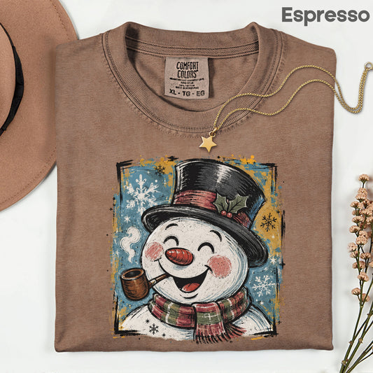 Vintage Snowman Christmas T-Shirt, Top Hat Pipe Snowflakes Scarf Comfort Color Tee