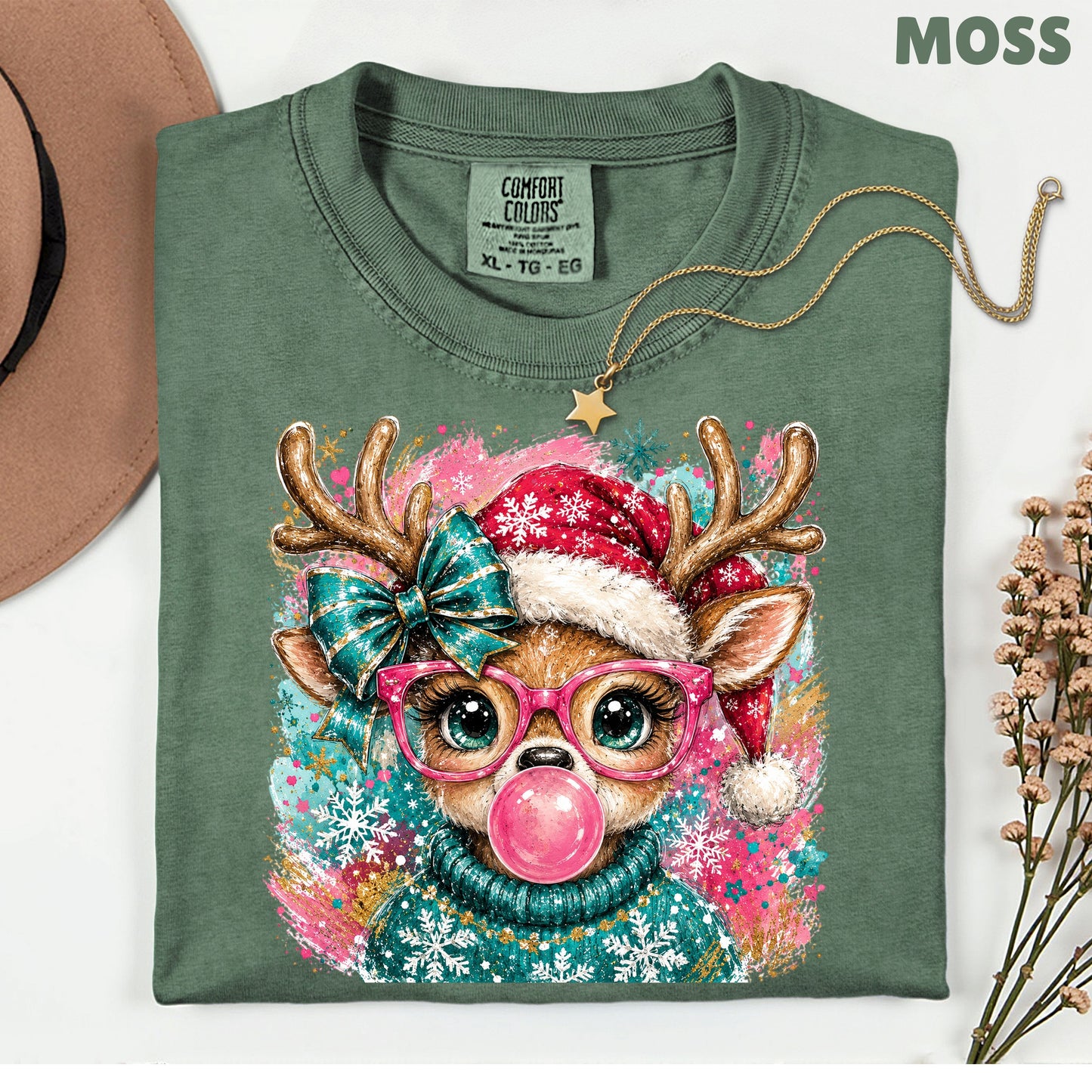 Christmas Reindeer Pink Glasses T-Shirt, Bubblegum Deer Santa Hat Cute Comfort Color Tee