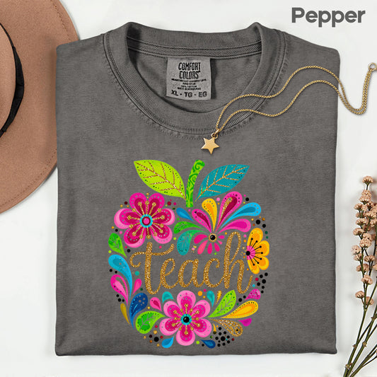 Teacher Teach Floral Apple T-Shirt, Colorful Back to School Teacher Life Tee