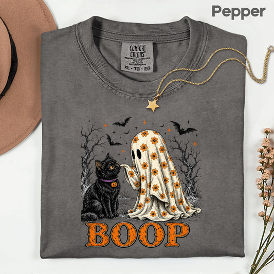Halloween Cute Ghost Boop Black Cat T-Shirt, Floral Sheet Bats Spooky Season Tee
