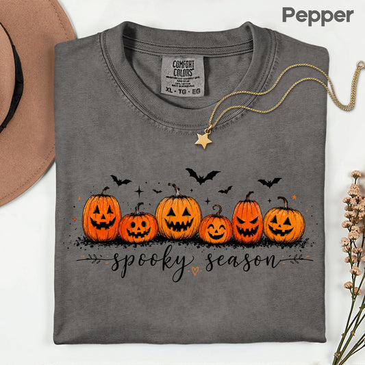 Spooky Season Jack O Lantern T-Shirt, Pumpkin Patch Bats Cursive Halloween Tee Sweatshirt