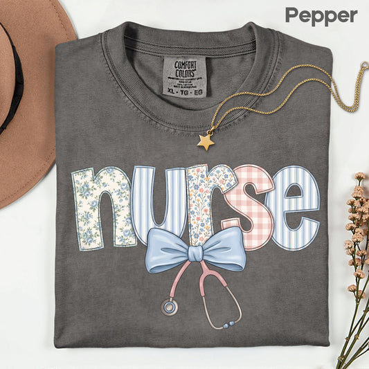 Nurse Coquette Floral Bow T-Shirt, Stethoscope Vintage Patchwork Nurse Tee