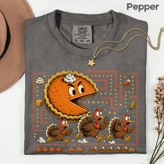 Funny Thanksgiving Pacman Pumpkin Pie T-Shirt, Chasing Turkeys Maze Video Game Tee