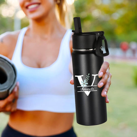 Custom Name Monogram Stainless Steel Water Bottle with Straw