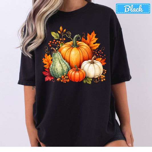 Fall Pumpkin Watercolor T-Shirt, Harvest Gourd Sweatshirt, Autumn Leaves Tee