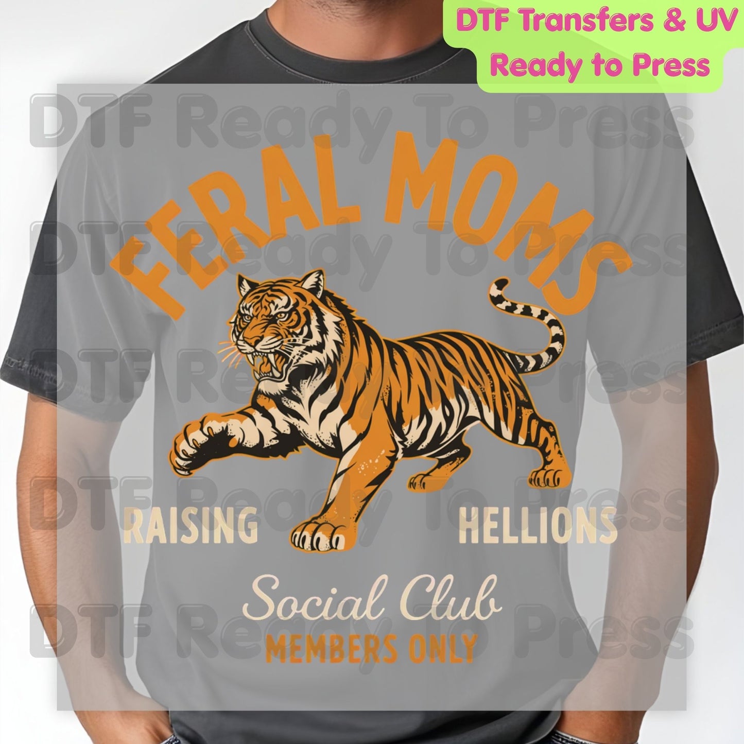 Feral Moms Social Club DTF Transfer Ready to Press Raising Hellions Retro Tiger Heat Transfer For Shirts Funny Mom Life UV Sticker Prints