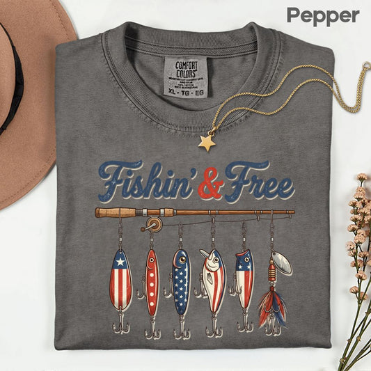 Fishin and Free Comfort Colors T Shirts Funny Fishing Lure Tee Patriotic American Flag Fishing Rod Shirt 4th of July Fisherman Gifts