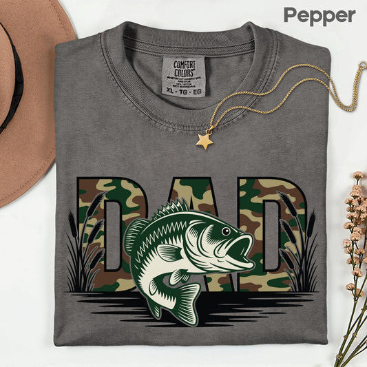 Fishing Camo Dad Comfort Colors T Shirt Bass Fish Father's Day Gift Camouflage Fisherman Apparel Outdoorsman Men's Tee Hunter Gameday Shirt