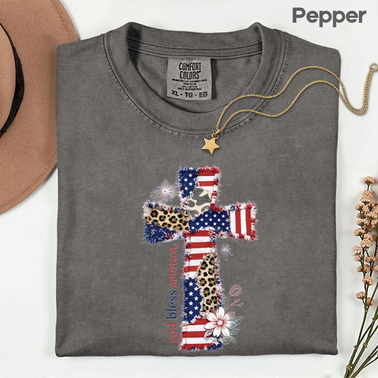 od Bless America Comfort Colors T Shirts Coppy Cross Patriotic Tee Christian Leopard Flag Shirt 4th of July Flower Fourth of July Gifts