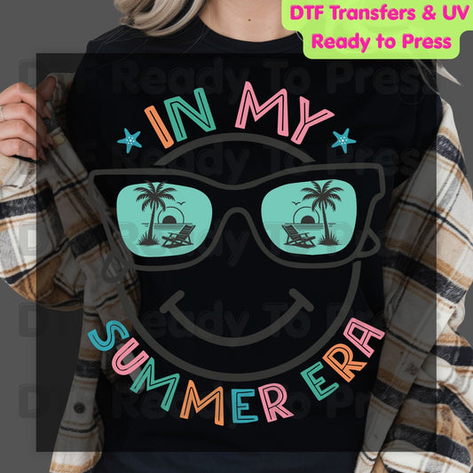 In My Summer Era DTF Transfer Ready to Press Retro Beach Vacation Heat Transfer for Shirts Smiley Face Sunglasses UV Sticker Prints