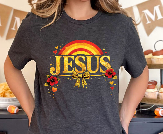 Jesus Gold Glitter T Shirt Christian Rainbow Tee Religious Hibiscus Flower Shirt Faith Gift For Her Adult Youth Toddler Baby Boho Spiritual Apparel