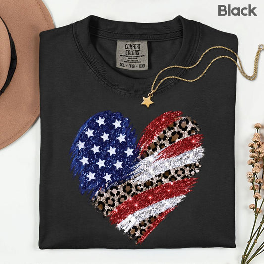 Leopard American Flag Heart Comfort Colors T Shirts Glitter Patriotic Tee Red White Blue 4th of July Shirt Women Fourth of July Gifts