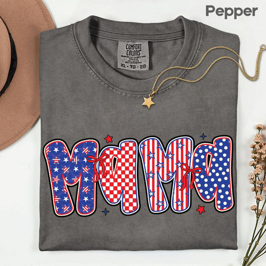 Patriotic Mama Letters Comfort Colors T Shirts Cute 4th of July Bow Tee Coppy America Flag Shirt Mothers Day Gift Fourth of July Gifts