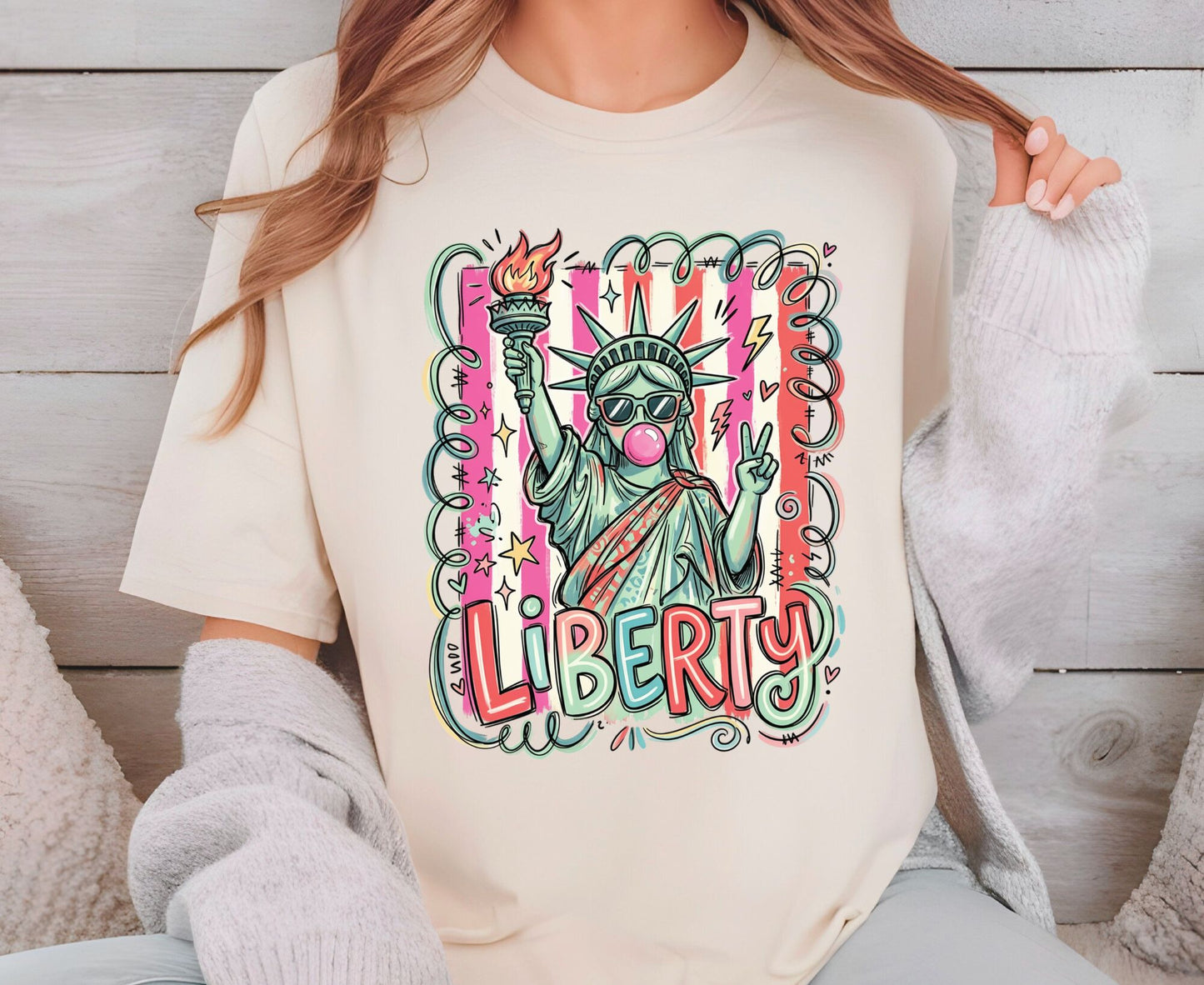 Statue of Liberty T Shirt Cool Liberty Bubble Gum Tee Cute Fourth of July Outfit Patriotic USA Doodle Tops Trendy NYC Vacation Gifts
