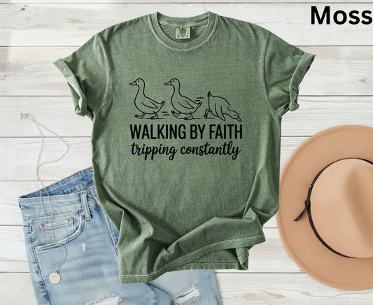 Walking By Faith Tripping Constantly T Shirt Christian Duck Tee Funny Faith Shirt Adult Youth Toddler Baby Religious Gift Humorous Jesus Tee