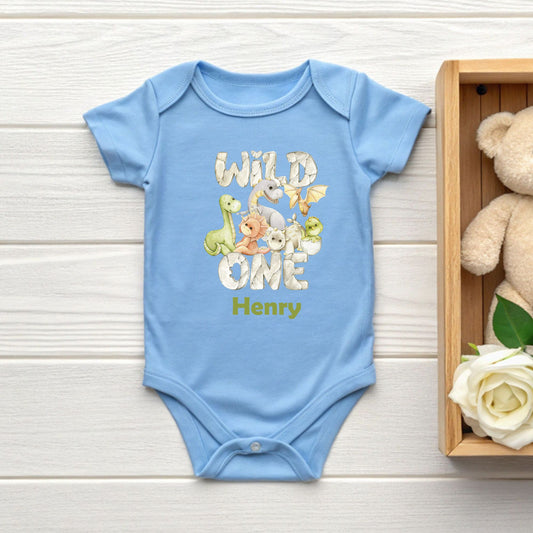 Wild One 1st Birthday Boy Shirt Personalized Dinosaur First Birthday Bodysuit Custom Name One Year Old Outfit T-Rex Watercolor Birthday Tee