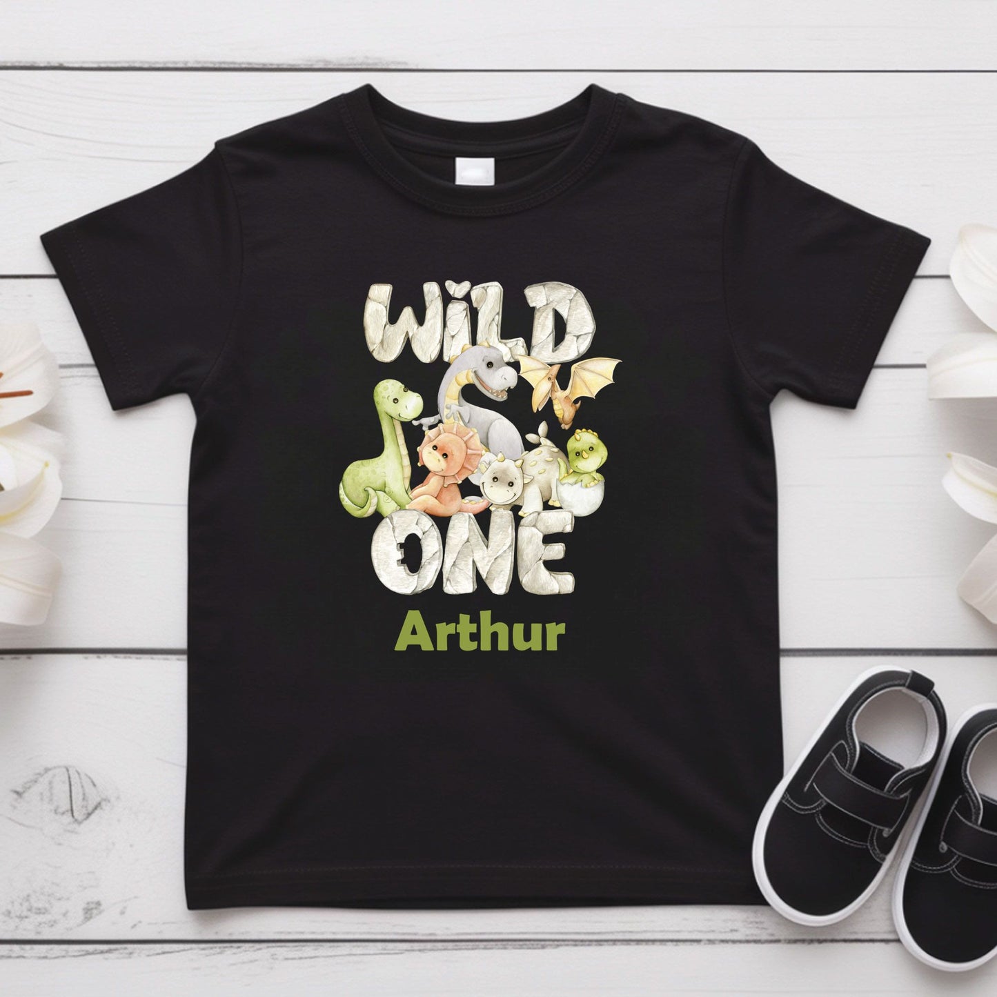 Wild One 1st Birthday Boy Shirt Personalized Dinosaur First Birthday Bodysuit Custom Name One Year Old Outfit T-Rex Watercolor Birthday Tee