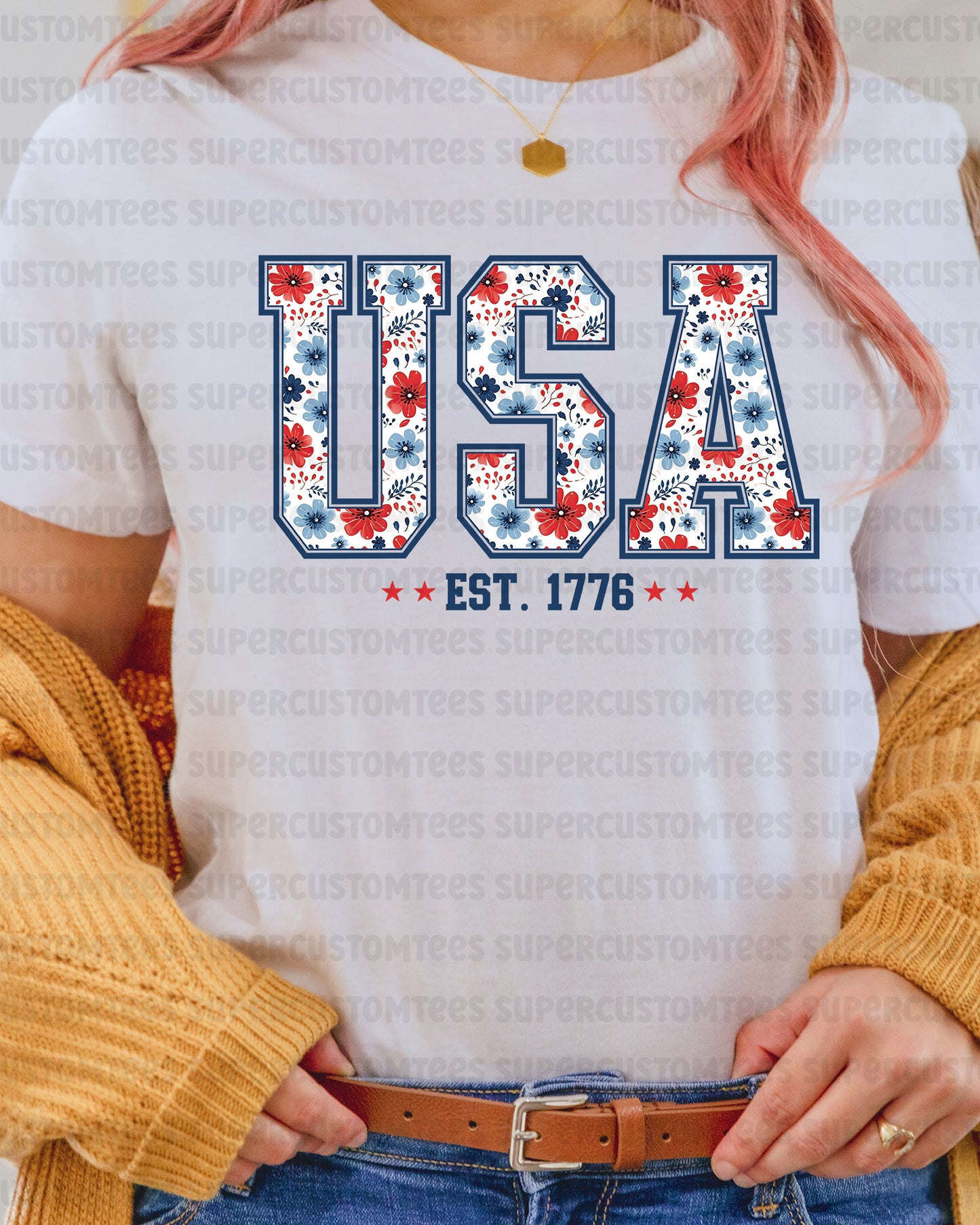 America 1776 Floral Print Heat Transfer for Shirt