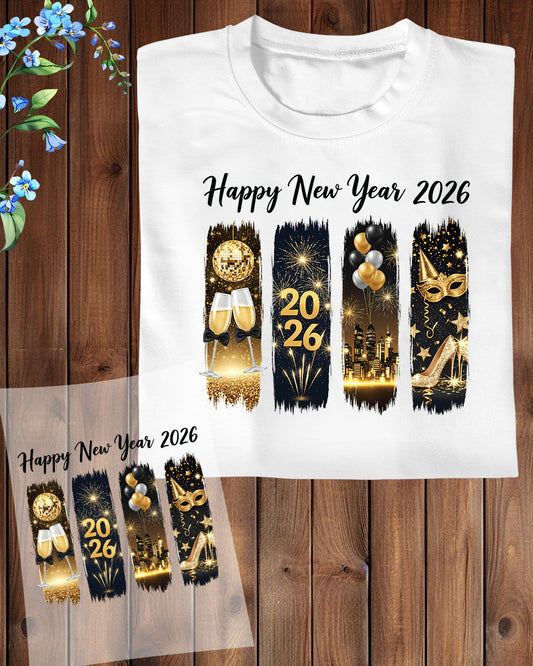 Black and Gold Happy New Year 2026 DTF Transfer, Ready to Press Heat Transfer for Shirts, Festive Black and Gold New Year Design, UV Sticker