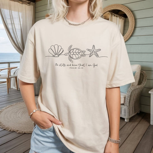 Christian Comfort Colors® T Shirt Be Still And Know That I Am God Bible Verse Seashell Sea Turtle Starfish Rligious Tees Jesus Lover Gift
