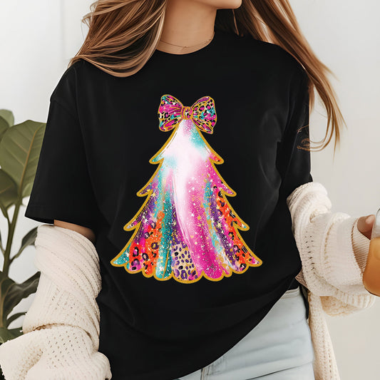 Christmas Tree Brushstrokes with Bow Faux Glitter DTF Transfer