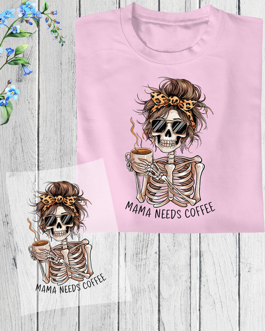 Coffee Lover Skeleton Messy Bun Mama DTF Transfer