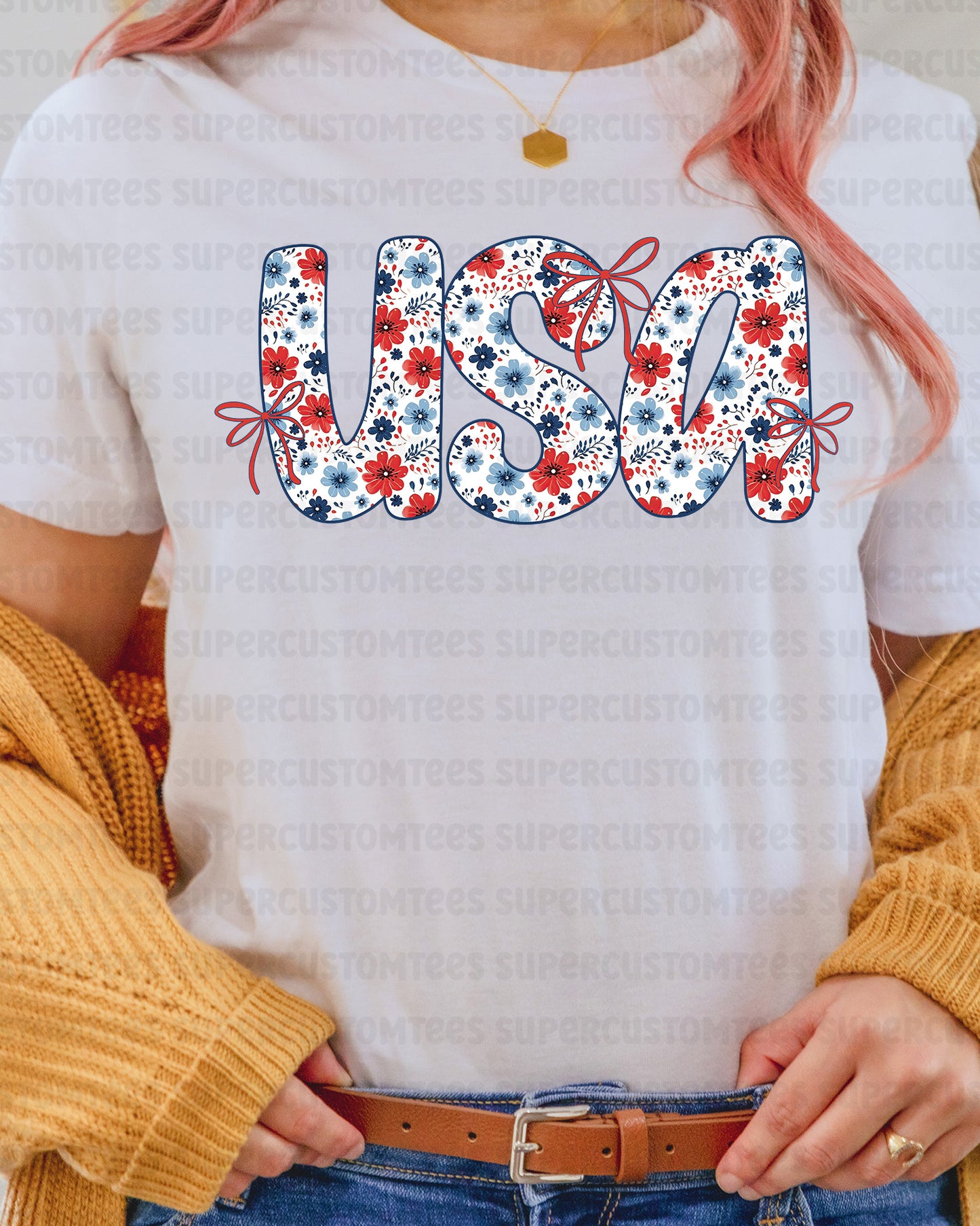 Coquette USA Floral 4th of July Patriotic Heat Transfer for Shirts