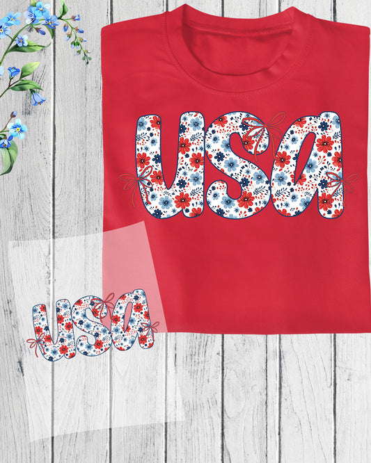 Coquette USA Floral 4th of July Patriotic Heat Transfer for Shirts