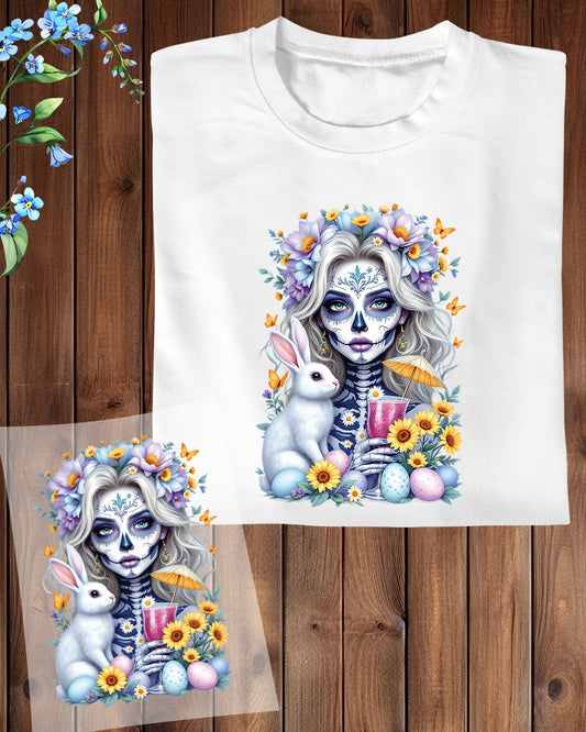 Elegant Sugar Skull and Bunny Ready to Press Heat Transfers