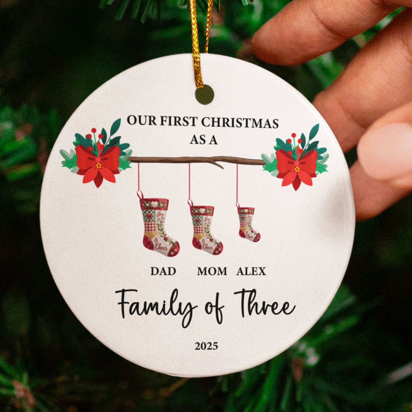 Family of Three Christmas Ornament With Custom Names