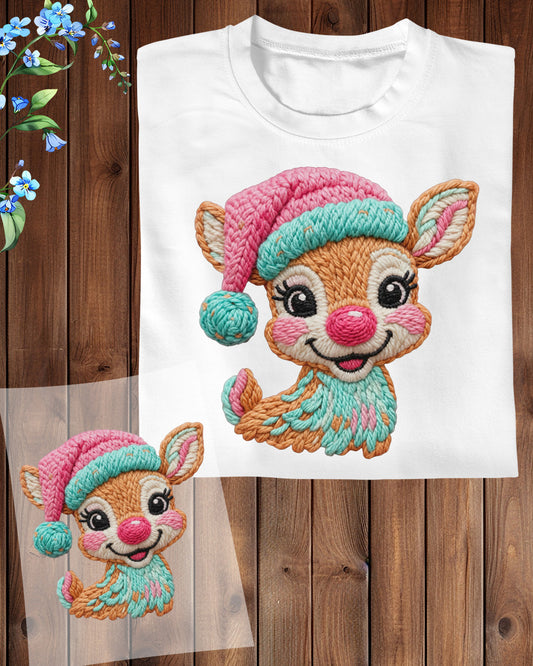 Faux Latch Hook Crochet Christmas Deer DTF Transfer Ready to Press, Christmas Cute Reindeer Heat Transfer For Shirt, UV Sticker Prints