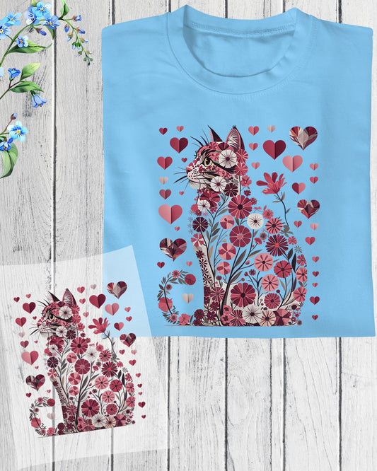 Floral Valentine Cat DTF Transfer