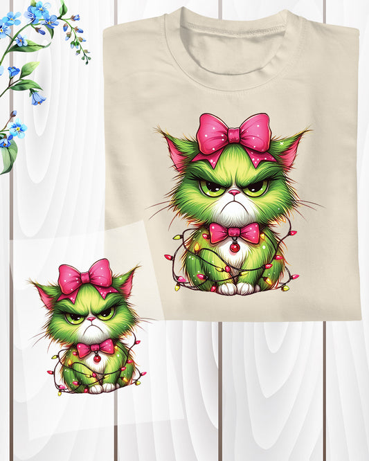 Green Angry Christmas Cat DTF Transfer ready to Press Christmas Heat Transfer Green Angry Christmas for Shirts UV Sticker